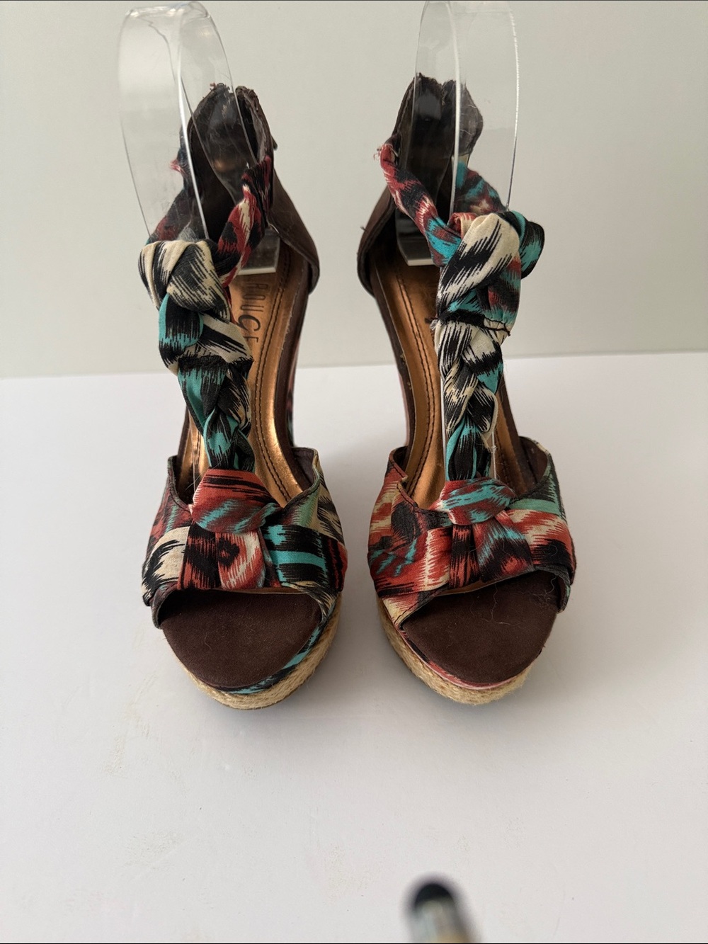 Rouge Helium Wedge Sandals with Braided Multi-Color Fabric Straps